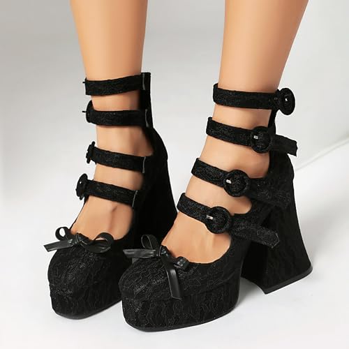 Shinelly Women's Gothic Platform Mary Jane Heels Lace Flower Punk Buckle Closed Toe Prom Costume Goth Pumps Ankle Strap Vintage Sweet Platform High Heels Shoes3