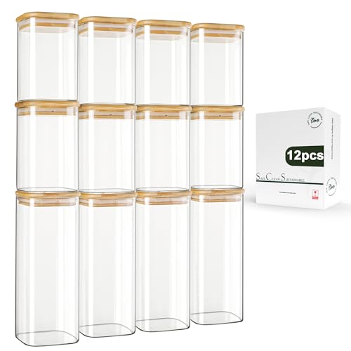 LIBWYS 12er Set Vorratsgläser mit Bambusdeckel Eckig Vorratsdose Glas - in 2 Größen : 1000ml; 600ml