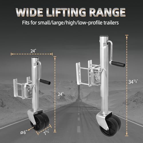 Heavy Duty Trailer Jack, Bolt-on Tongue Jack with Drop Leg and Handle, Adjustable Boat Trailer Jack (Dual Wheel, 1500lbs)