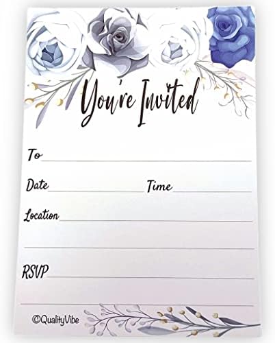 25 Gray & Blue Flower Invitations With Envelopes, Fill In Style You're Invited, Elegant Gray, Blue & White Flowers Theme. For Wedding Invites, Engagement Parties, Birthdays, Baby & Bridal Showers. Thick & Non Coated Cardstock For Use With Any Pen.