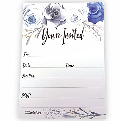 25 Gray & Blue Flower Invitations With Envelopes, Fill In Style You're Invited, Elegant Gray, Birthdays, Baby & Bridal Showers. Thick & Non Coated Cardstock For Use With Any Pen.