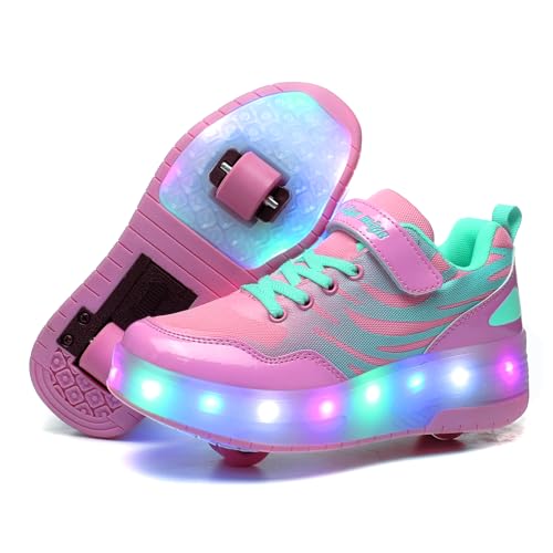 Girls Roller Shoes LED Lights Up Wheels Sneakers Removable Comfortable Roller Skates Boys Beginners Trainers Skate Sports Indoor Outdoor USB Charge Sneaker Kids Gifts Size 6 Pink