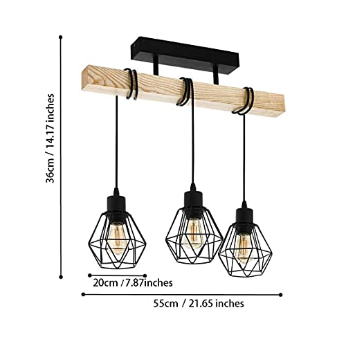 Suspension bois 3 lumières style industriel cage E27