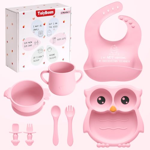 Image of ORYCOOL Silicone Baby Feeding Set, 8 Pcs Baby Led Weaning Supplies, Baby Feeding Essentials for 6+ Months, Toddler Weaning Set with Bib, Baby Plate and Bowl with suction(Pink-ToiyBosm Design)