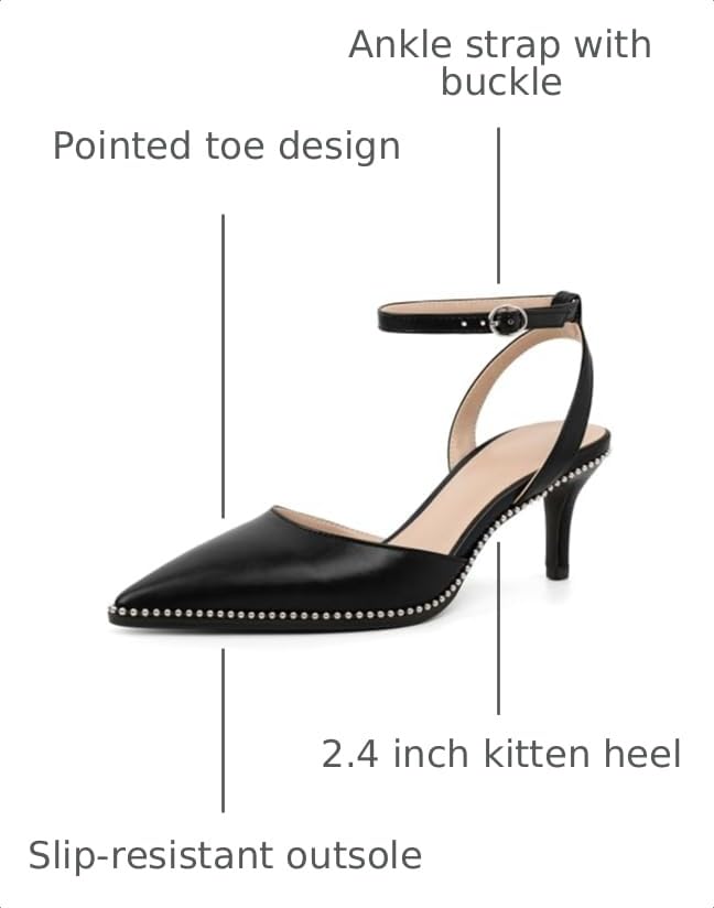 Image of SAMMITOP Kitten Heels for Women Low Heel Closed Toe Ankle Strap Pumps Wedding Party Beaded Dress Shoes 2.4 Inch