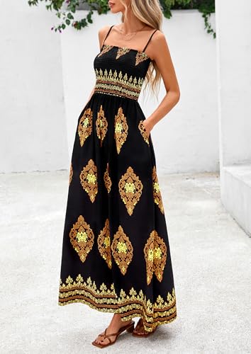 Image of PRETTYGARDEN Women's Summer Boho Maxi Dress Floral Sundresses | Spaghetti Strap, Sleeveless, Smocked Bodice, A-Line Long Flowy, Lightweight Soft, Wedding Guest Party, Beach Vacation Outfits
