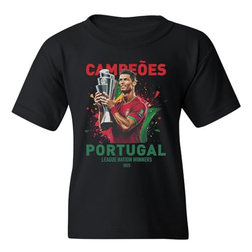 Portugal Campeoes - Soccer Champions Ronaldo Tribute Youth Unisex T-Shirt (Black, Youth Medium)