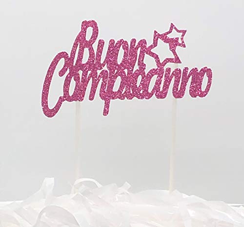 Lming A Mano 1 Torta Glitter Decoro Topper Festa Toppers Decorati Happy Birthday in Italian - Buon Compleanno Luccichio Rosa Rossa II