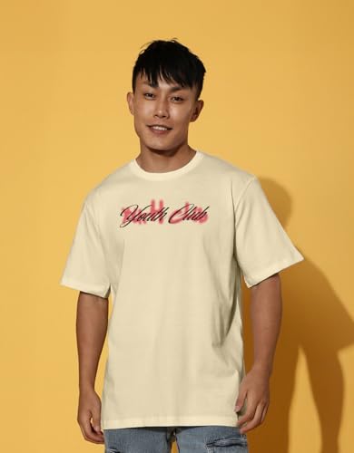 Image of Cotton Blend Oversized Loose Fit Drop Shoulder Graphic Printed Men's Half Sleeve T-Shirt (Sizes: S to 2XL)