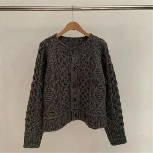 Women Chunky Line Twist Sweater Thick Short Round Neck Knitted Cardigan Tops4