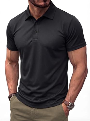 PINSPARK Polo Shirts für Herren Sommer Kurzarm Hemd Atmungsaktiv Poloshirt Schnelltrocknend Golf Shirt Männer Basic Polohemd Leicht Slim Fit T Shirt Schwarz L