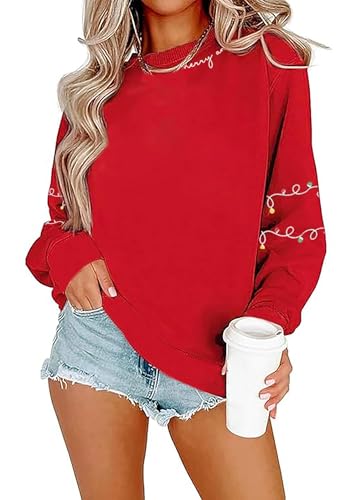 AmazingLucky Christmas Shirts Women Funny Merry Christmas Lights Sweatshirt Cute Graphic Xmas Lightweight Pullover Tops (Red-1, XL)