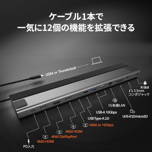 j5create USB C 12in1 USB4 Thunderbolt3/4 対応 トリプルディスプレイ ドッキングステーション HDMI DisplayPort Alt Mode DP SD/microSD LAN 3.5mmオーディオ ロックスロット MacBook Pro MacBook Air M1 M2 Pro Max Surfac JCD554-EJ の商品画像 2