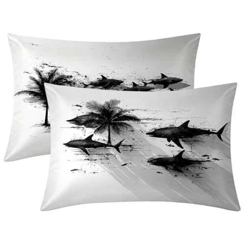 Funda Almohada 60x80, 2 Piezas Funda Almohada Saten Gris, Suave como la Seda para el Cabello y la Piel, Transpirable Fundas Almohadas Saten Diseño con Cremallera, Regalo Hombre Mujer, (Pez) -2149