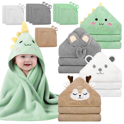 14 PCS Baby Towels Set, 4 PCS Soft Baby Hooded Towels & 10 PCS Washcloths, Baby Bath Towels for Newborns, Infants & Toddlers, Ultra Absorbent, Cute...