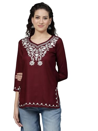 Image of QAZMI Women's Resham Embroidered Kurti |Elegant Design,3 /4 Sleeves, Sweet Heart Neck