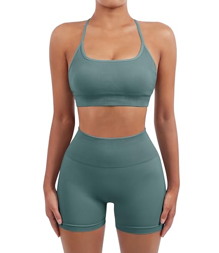 Image of SUUKSESS Women Seamless Workout Sets Strappy Sports Bra High Waist Booty Shorts Outfits