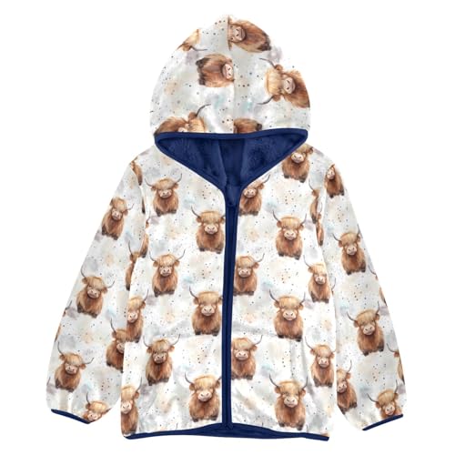 Cute Highland Cow Pattern Boys Fleece Coat,Children's Zip-Up Hoodie Jacket,Baby Warm Fashion Outerwear 3-10T,A113323