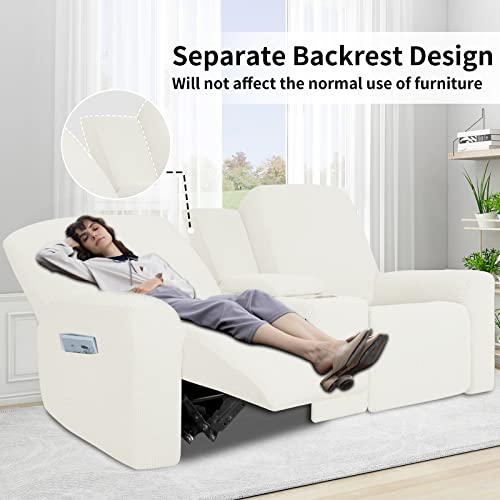 Image of Easy-Going 1 Piece Reclining Loveseat with Middle Console Slipcover | Stretch 2 Seater Loveseat Recliner Cover with Holder and Storage, Recliner Couch Sofa Cover, Furniture Protector Cream