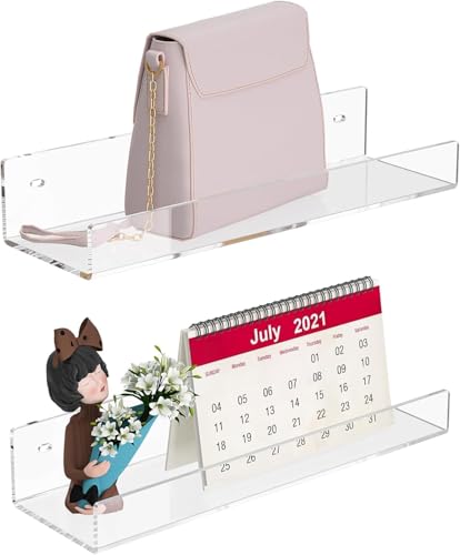 Image of Acrylic Floating Wall Shelves, 15 x 4 x 2.5 in, Clear, Set of 2, Modern Wall Mount Display Shelf (Clear, 12 in, 2)