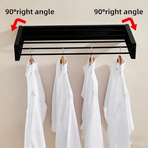 Wäscheständer Wandmontage, Wäschetrockner Wand mit 4 Stangen, Trockenständer 50cm, Ausziehbar, Faltbar Hide, Platzsparender, Kohlenstoffstahl, für Badezimmer, Balkon, Terasse (Schwarz mit Haken)
