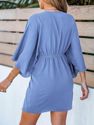 Image of CUPSHE Womens Vacation Mini Summer Dress V Neck Kimono Sleeve Belted Flowy Loose Resort Wear Casual Beach Cover Up Dress