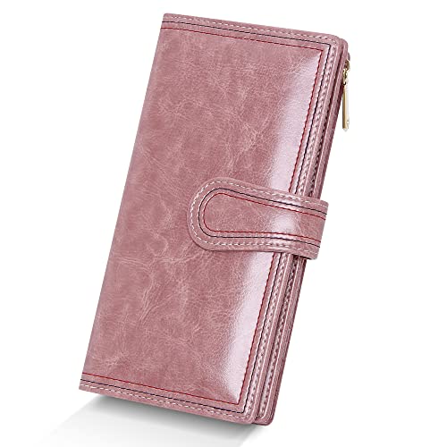 Leather Wallets for Women Large Capacity Credit Card Holder Ladies Travel Clutch Purse Bifold Oil Wax Wallet with Zipper Pocket