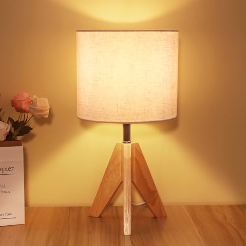 YOUDIAN Wood Bedside Table Lamp 39cm,Tripod Desk Lamp with Beige Linen Lampshade,Table Lamps for Living Room,Bedroom,Reading,Study,Office,E27 Base(LED Bulb Included)