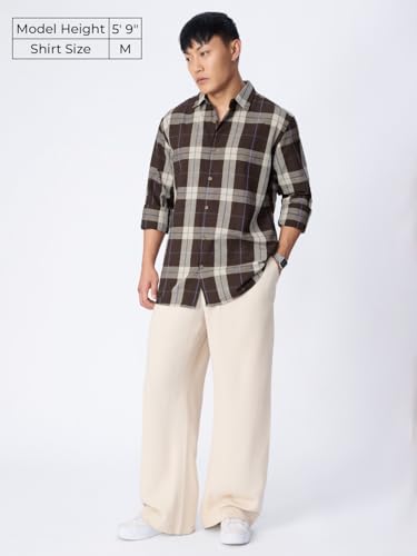 Image of The Souled Store: Blue Sails Men and Boys Long Sleeve Collared Neck Button Front Blue and Cream Checked Embroidered Regular Fit Cotton Linen Shirt