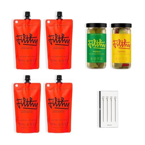 Filthy Bloody Mary Cocktail Kit, Premium Cocktail Kit, Includes Pickle Stuffed Olives, Pepper Stuffed Olives, 4 All-Natural Bloody Mary Mix Pouches & 4 Stainless Steel Cocktail Picks