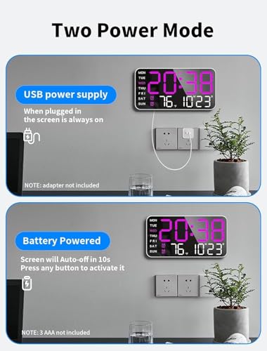 Image of 9 inch LED Digital Wall Clock with Date, Day & Temperature - Dual Alarm, Adjustable Brightness, USB Powered - Large Display for Bedroom, Office & Home Decor [Purple Lights White Body Frame]