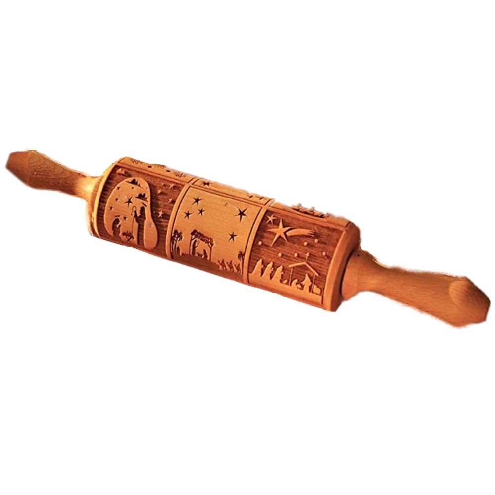 CTRLZS Nativity Pattern Xmas Christmas Wooden Embossing Rolling Pin with 9 Different Scene for Baking Embossed Cookies