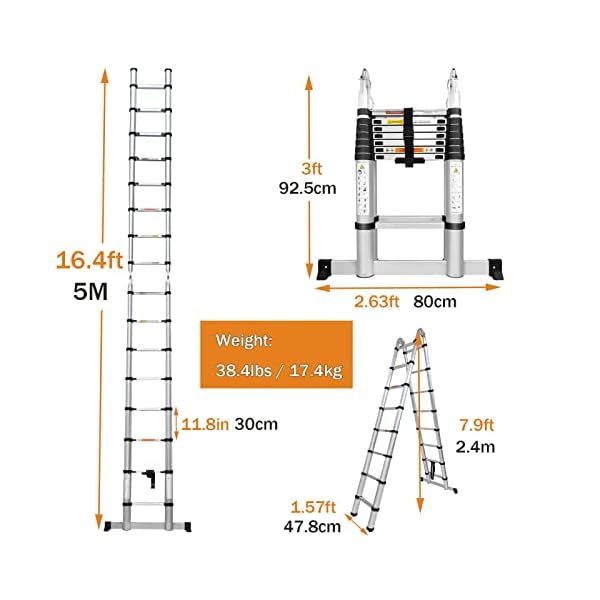 16.5FT Aluminum Telescoping Extension Ladder 330lbs Max Capacity A-Frame Lightweight Portable Multi-Purpose Folding with Support Bar Anti-Slip EN131 Certificated - Image 3