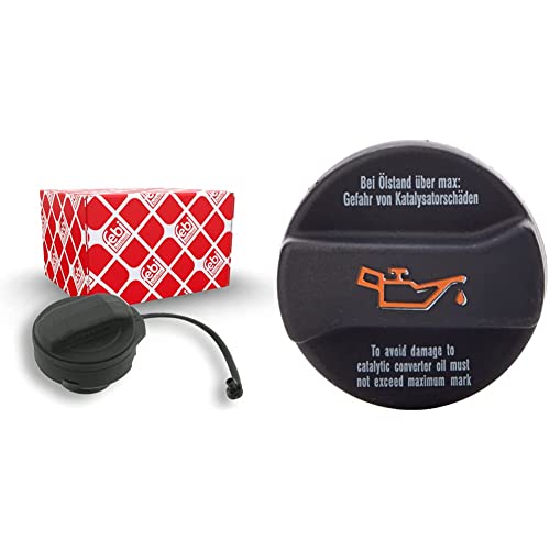 febi bilstein 27288 Fuel Filler Cap with securing strap, not lockable, pack of one, peach|red & 02113 Oil Filler Cap, pack of one, Black