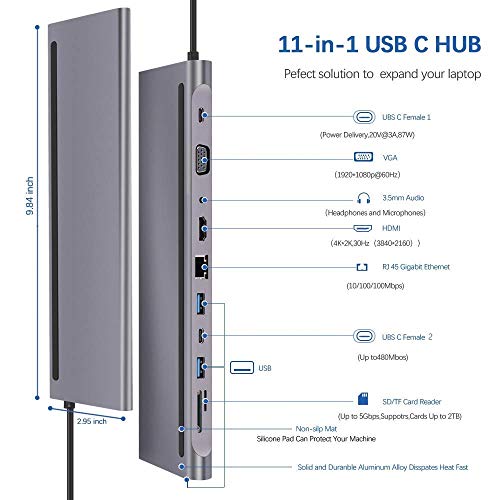 Image of Tobo USB C Hub,11 in 1 Type C to 4K HDMI Multiport Adapter Hub with RJ45 Ethernet Port, 87W Power Delivery, VGA, 3 USB 3.0, SD /TF Card Reader, 3.5mm Audio, Type C Multifunction 11in1 Hub TD-282TC