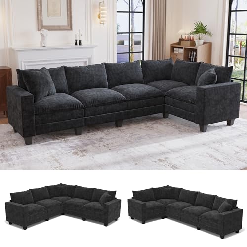 Image of 126 inch L Shaped Sectional Couch, Comfy Chenille Cloud Couch, 5 Seat Modular Cloud Sofa with 2 Pillows & Storage Armrests, Convertible V Shaped Corner Couch, Sectional Couches for Living Room, Black