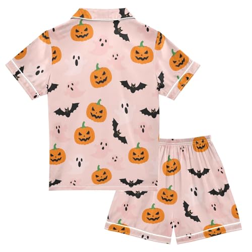 Satin Pajama Sets Short Sleeve Halloween Pumpkins Ghosts Bats Button Down Silky Nightwear 2 Piece PJS 5-14Y2