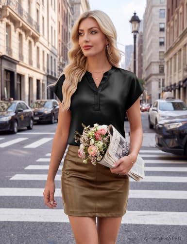 Blooming Jelly Womens Dressy Casual Tops Satin Work Blouses Cap Short Sleeve Button Down Shirts Tredny Summer Business Outfits (Black,Large) Blooming Jelly Womens Dressy Casual Tops Satin Work Blouses Cap Short Sleeve Button Down Shirts Tredny Summer Business Outfits (Black,Large) - Image 7