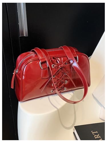 Women's Lace Up Zipper PU Leather Shoulder Bags Top Handle Boston Underarm Bags Y2K Purse4