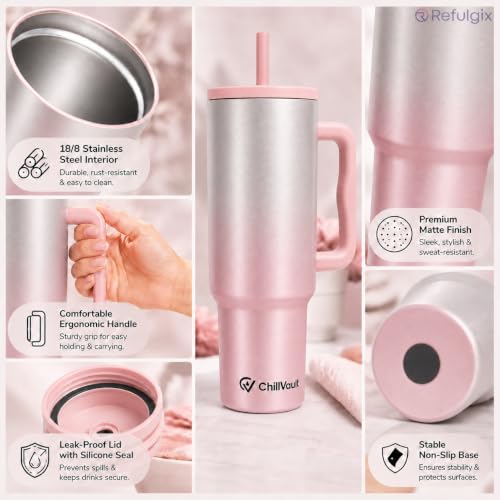 Image of REFULGIX ChillVault 1200ML Stainless Steel Tumbler | Double Insulated with Handle & 2 Straws | Leak-Proof Hot & Cold Sipper for Coffee, Travel & Home (Blush Silver)