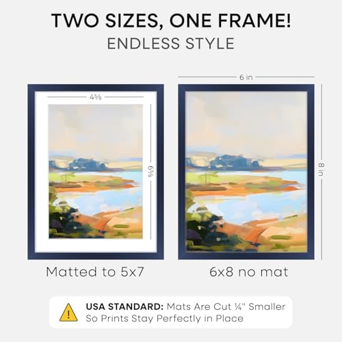 Image of Homeforia 6x8 Blue Picture Frame, High-End Metal, 5x7 Mat, Glass | High End Aluminum, Tempered Glass, Acid-Free 5x7 Removable Mat, 6x8 in Edge-to-Edge Display 8x6, Wall Kit, Set Of 2
