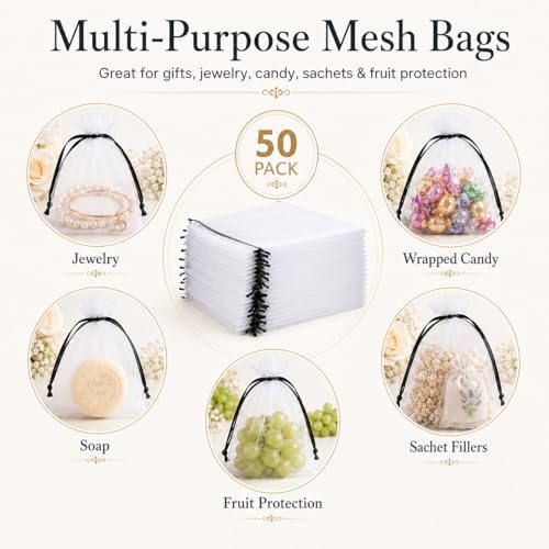 Image of 50PCS White Organza Bags with Black Drawstring 6x9 Inches, Sheer Drawstring Gift Bags Mesh Jewelry Pouches for Wedding Party Favors Candy Jewelry Christmas Goodie Bags, Fruit Protection Netting