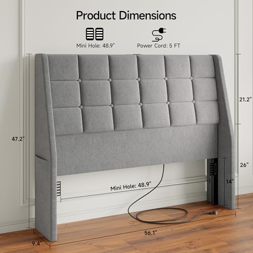 Image of Full Size Headboard with Charging Station, Wingback Ergonomic Headboards | Wingback Upholstered Bed Head Board with Storage Pocket, Sturdy Stable Solid Wood Headboard, Bed Frame Adapters, Light Grey
