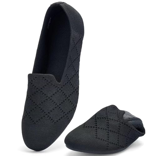 poemlady Women’s Ballet Flat Shoes Dress Knit Round Toe Slip On Ballerina Walking Flats for Woman Low Wedge Casual Comfort Soft, A/Black, 11.5, New