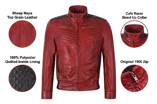 Men's Bomber Real Leather Jacket Red Black Biker Motorcycle Blouson Style Jacket 90153