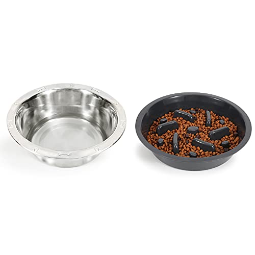 WHIPPY Dog Bowl Set Slow Feeder Bowl Insert with Stainless Steel Water Bowl for Raised Dog Pet Feeder Anti Slip Slow Eating Healthy Bowl Puzzle Maze Dog Food Bowl Dish Compatible with Elevated Diners