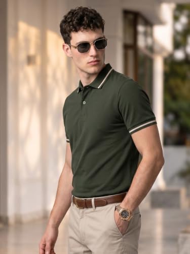 Image of Veirdo Pure Cotton Half Sleeves Regular Fit Plain Solid Classic Polo Colored Collar T-Shirt for Men (Colors: Olive, Maroon, Navy, Black, Green & Orange)