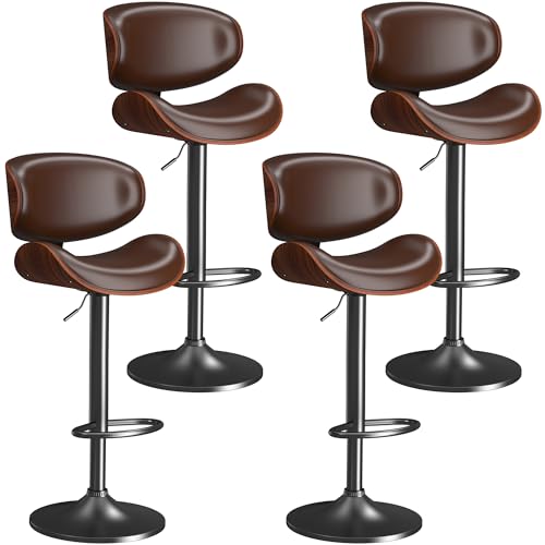 Image of YaFiti Bar Stools Set of 4, Bar Stools for Kitchen Island with Bentwood Back and Leather Seat, Swivel Barstools for Kitchen Counter, Bar, Brown