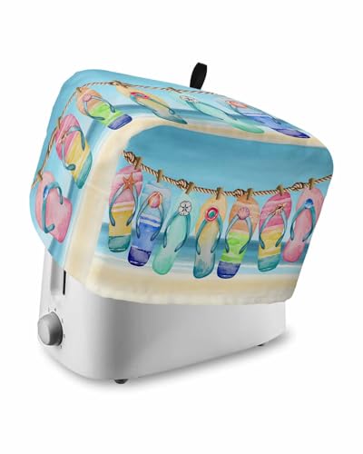 Beach Slippers Toaster Cover 2 Slice, Blue Summer Ocean Coastal Shell Dustproof Bread Machine Oven Cover with Storage Pockets, Fits Most Kitchen Toasters Protector