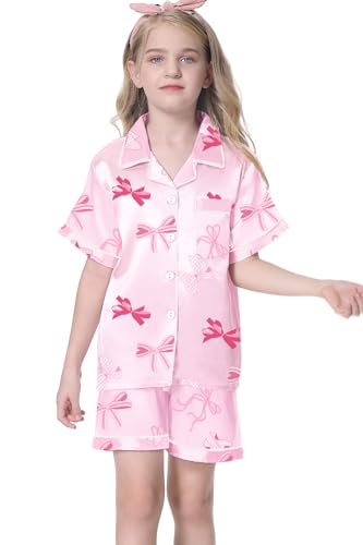 Image of Umeyda Women & Girls Pajamas Set, Soft Satin Lightweight Silk Button-Down Top with Shorts 2 Piece PJS for Mom Boys Kids Gifts